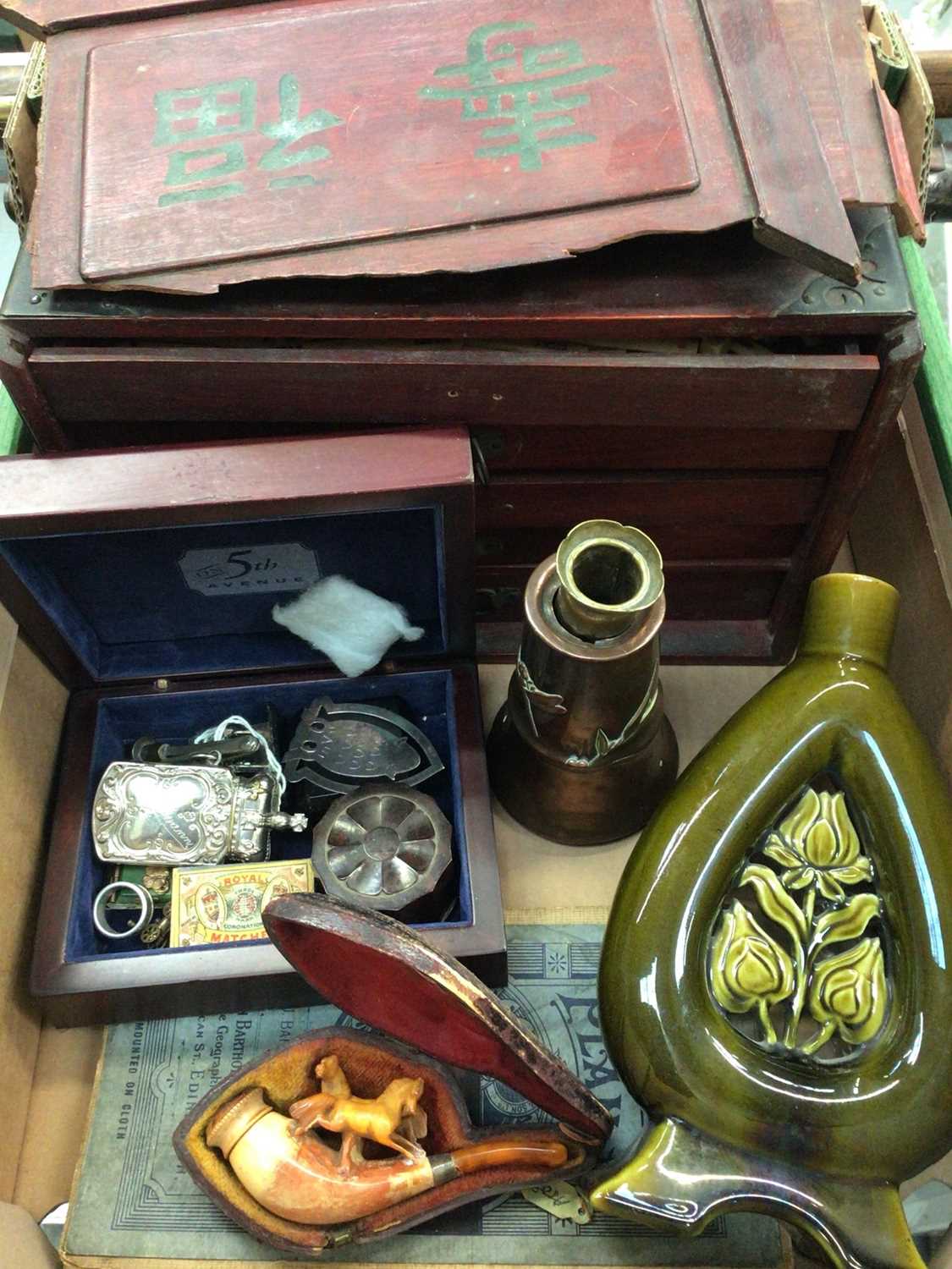 Mahjong set (incomplete) in damaged wooden box, together with Art Nouveau copper vessel, pipe in cas