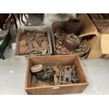 Group of antique furniture casters, locks and other items.