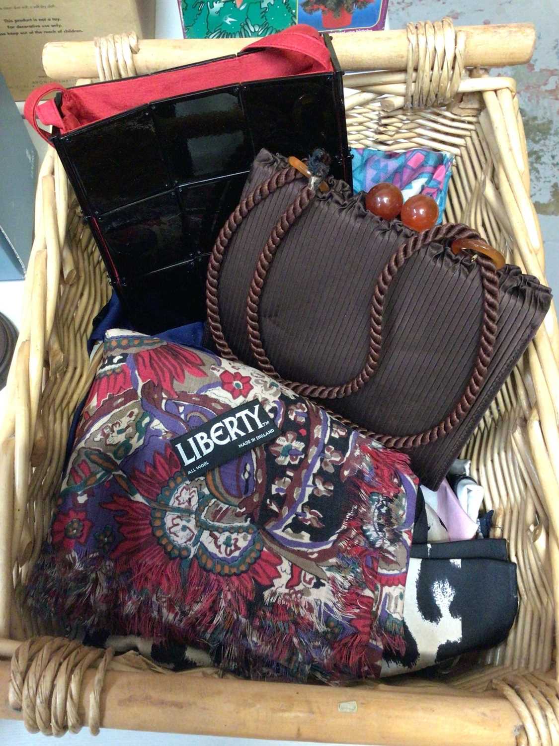 Liberty wool scarf, silk and other scarves, vintage Harrods handbag and a Terence Conran evening bag