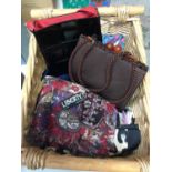 Liberty wool scarf, silk and other scarves, vintage Harrods handbag and a Terence Conran evening bag