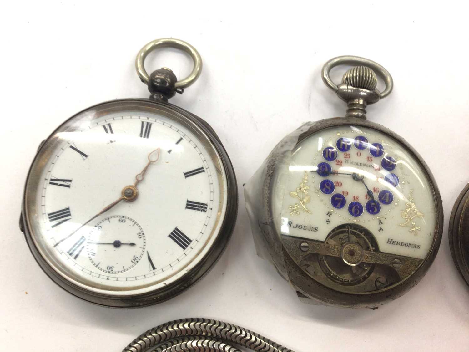 Silver cased pocket watch, Hebidomas pocket watch, a silver cased fob watch and one other in a white - Image 2 of 4