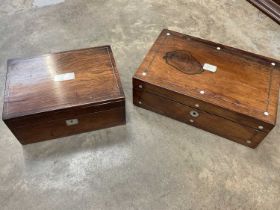 Victorian rosewood veneered writing box with mother of pearl inlay and a similar needlework box (2)