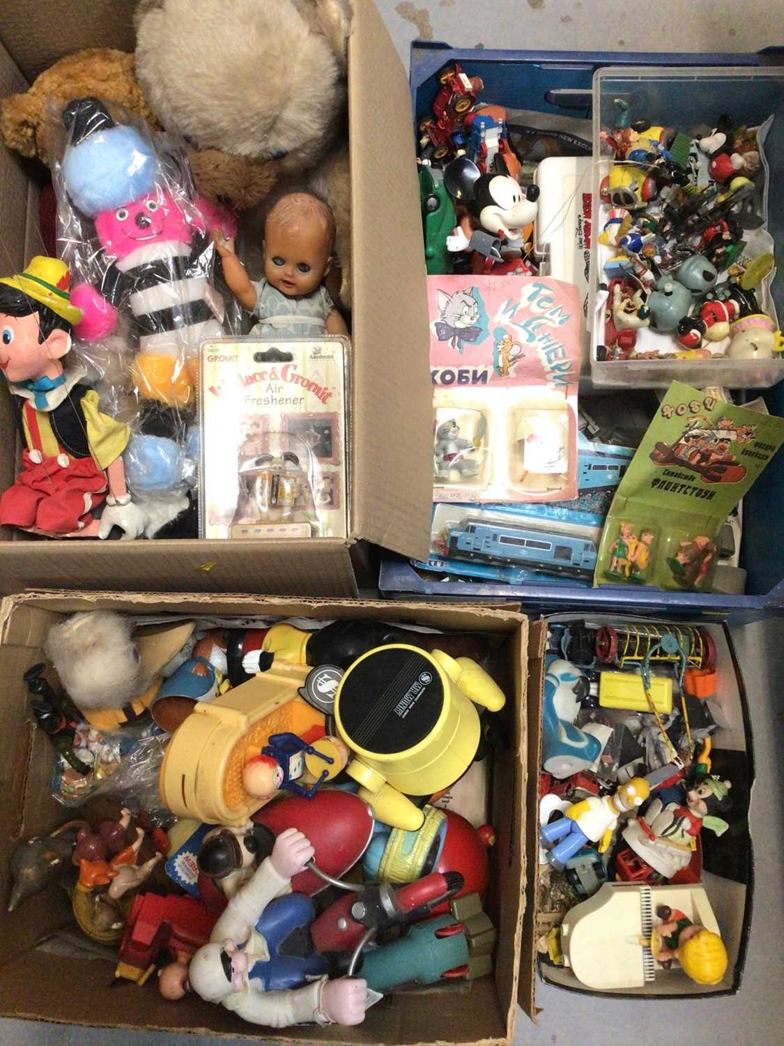 Three boxes of various toys, bears, figures etc including Disney, Looney Tunes, Snoopy, Pinocchio pu