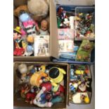 Three boxes of various toys, bears, figures etc including Disney, Looney Tunes, Snoopy, Pinocchio pu