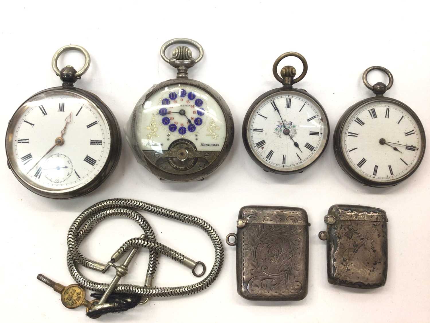 Silver cased pocket watch, Hebidomas pocket watch, a silver cased fob watch and one other in a white