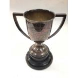 Silver two handled trophy with an presentation engraving for the Maldon Bowling Club 1915, on stand