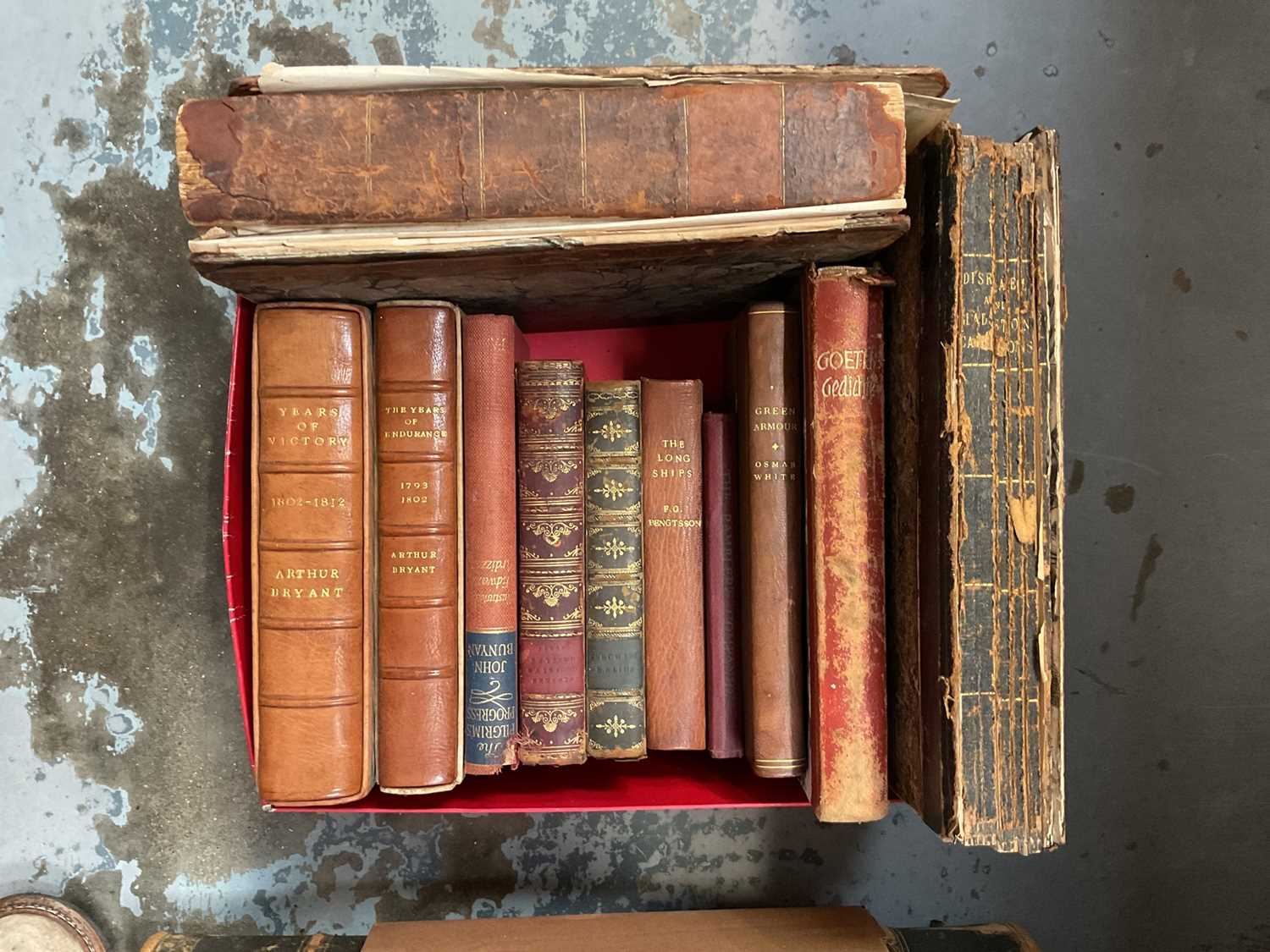 Group of antiquarian and other books, including two leather bound volumes of Arthur Bryant in slip c