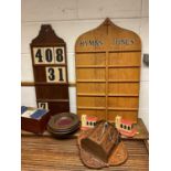 Carved oak offertory box, and three oak dishes, also two hymm boards and cards, two vintage church f