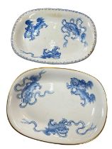 Two Wedgwood bone china teapot stands, printed in blue in Chinese style