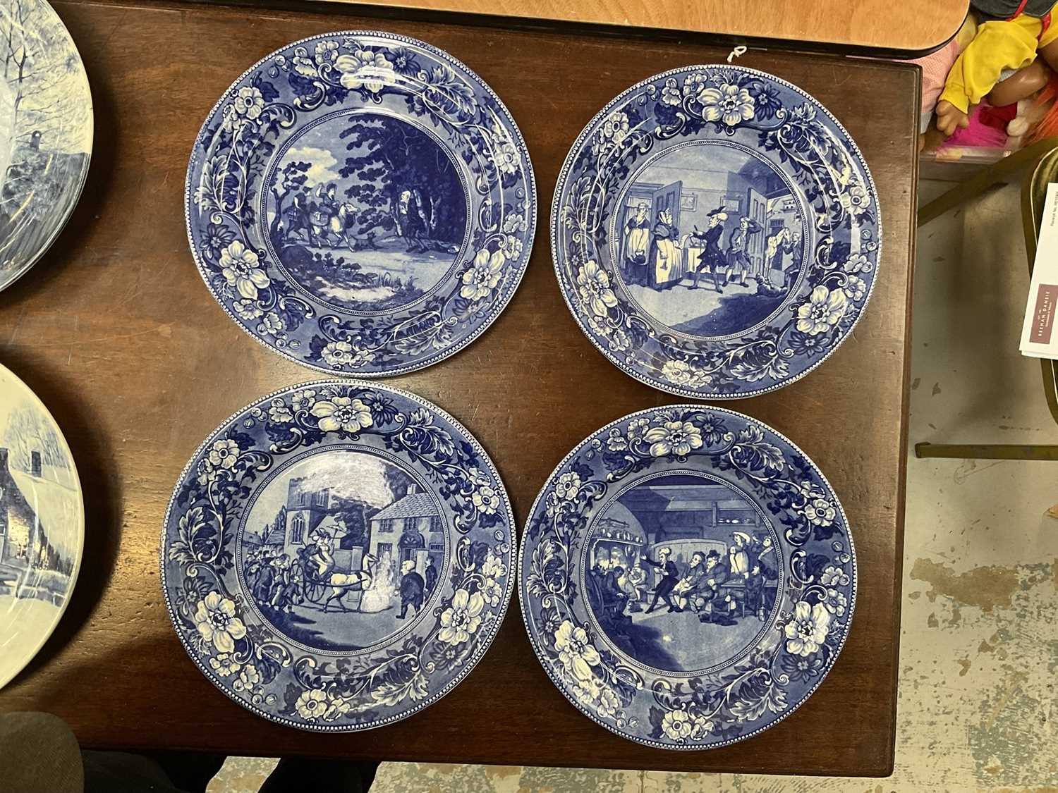 Four 19th century blue and white transfer printed plates 'Dr Syntax' and two Delft plates - Image 2 of 13