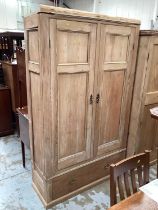 Antique pine wardrobe enclosed by two panelled doors and drawer below.