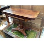 19th century mahogany card table with foldover revolving top on faceted column on quatrefoil base wi