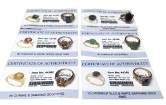 Six 9ct gold multi gem set dress rings with Gems TV certificates