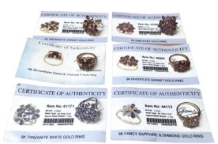 Six 9ct gold multi gem set cluster rings with Gems TV certificates