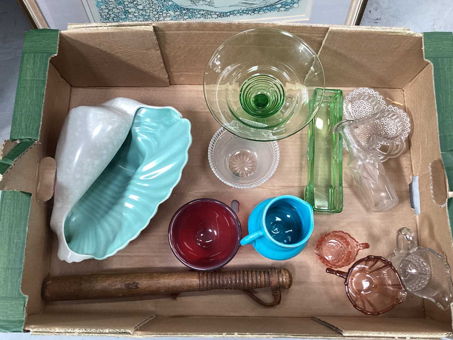 Box of china and glassware including a Poole pottery shell