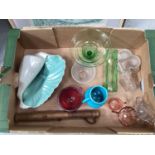 Box of china and glassware including a Poole pottery shell