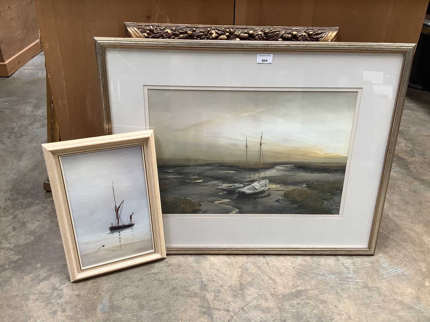 Audrey Davy, pastel of boats at Mersea Island, and an acrylic on canvas of a sailing boat by A. Wrig