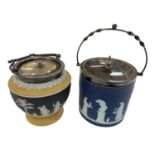 Two Wedgwood jasper biscuit barrels, with plated mounts