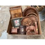Group of treen items to include marquetry pictures
