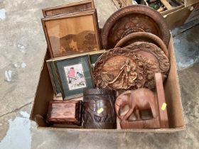 Group of treen items to include marquetry pictures