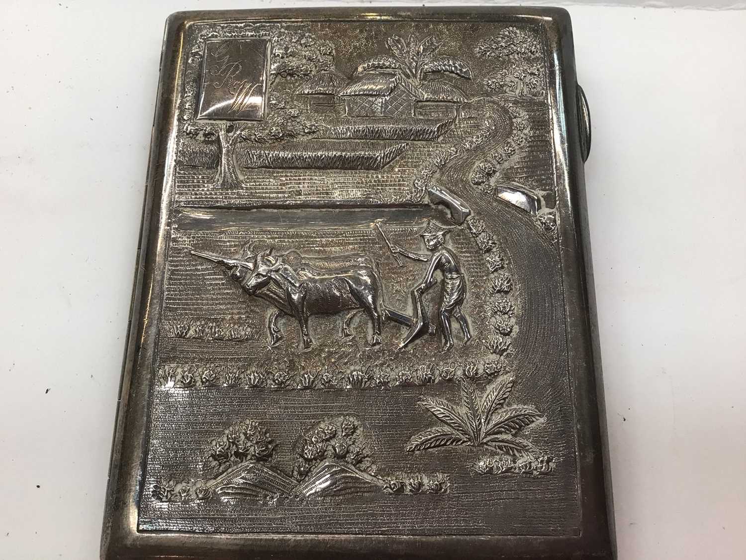 Burmese silver cigarette case with farming scene decoration, together with a pair of Chinese silver - Image 2 of 6