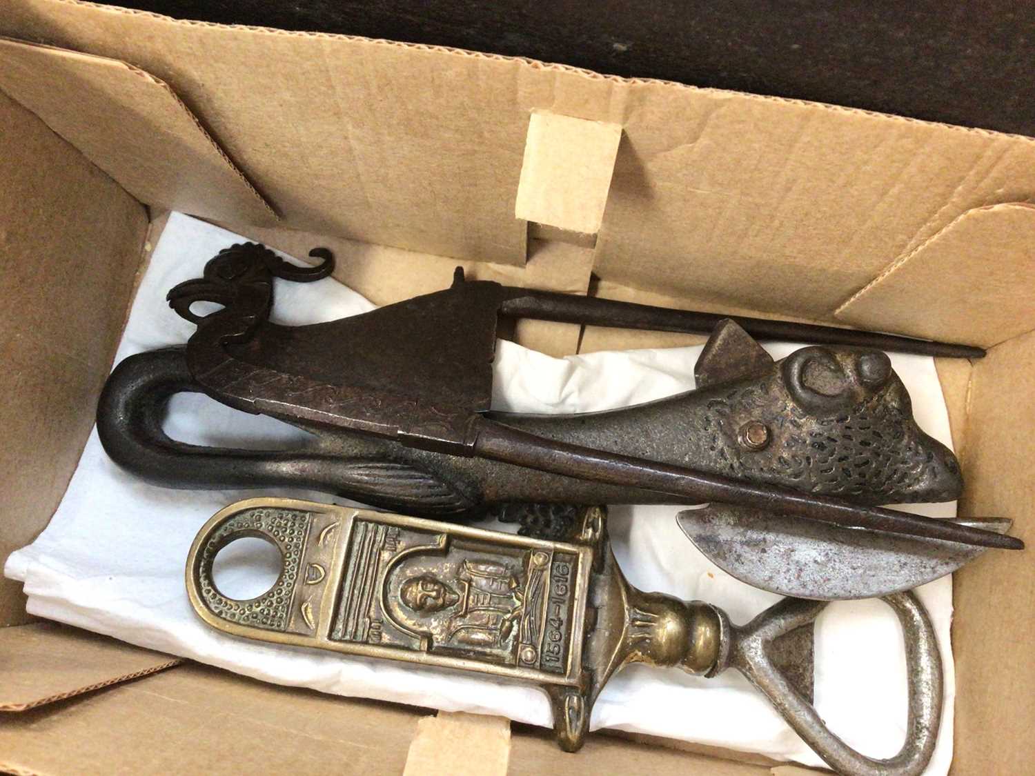 Three sets of various scales, old metal can opener in the form of a cow, brass bottle opener, quill - Image 2 of 4