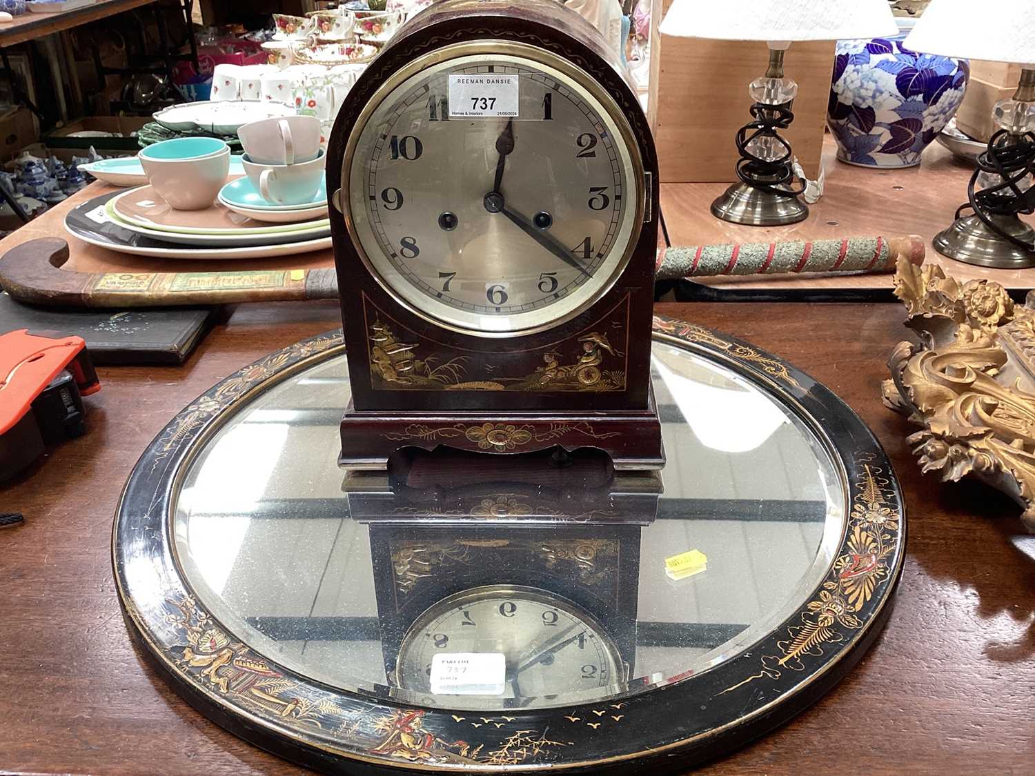 1930s mantel clock with striking movement in chinoiserie decorated case together with a matching cir