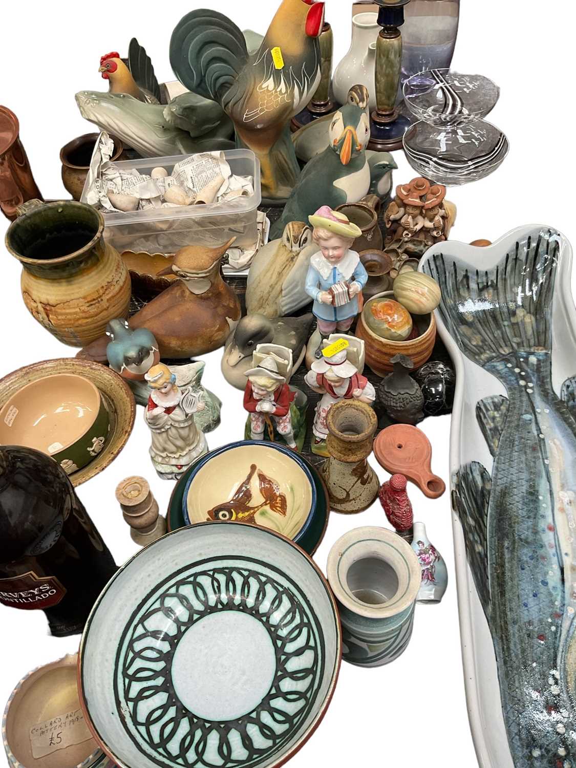 Collection of studio pottery and other pottery and glass including a collection of clay pipes