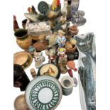 Collection of studio pottery and other pottery and glass including a collection of clay pipes