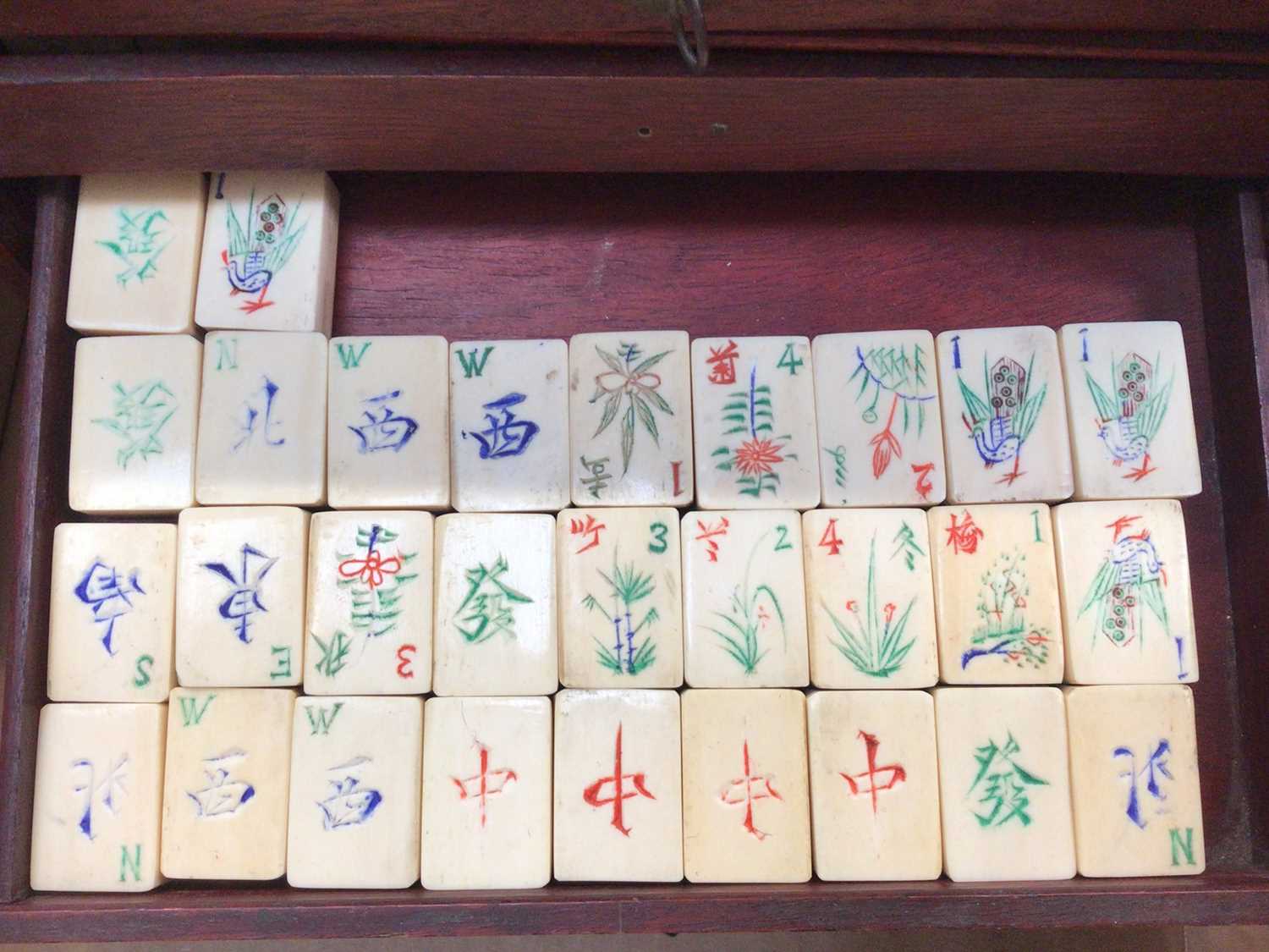 Mahjong set (incomplete) in damaged wooden box, together with Art Nouveau copper vessel, pipe in cas - Image 4 of 9