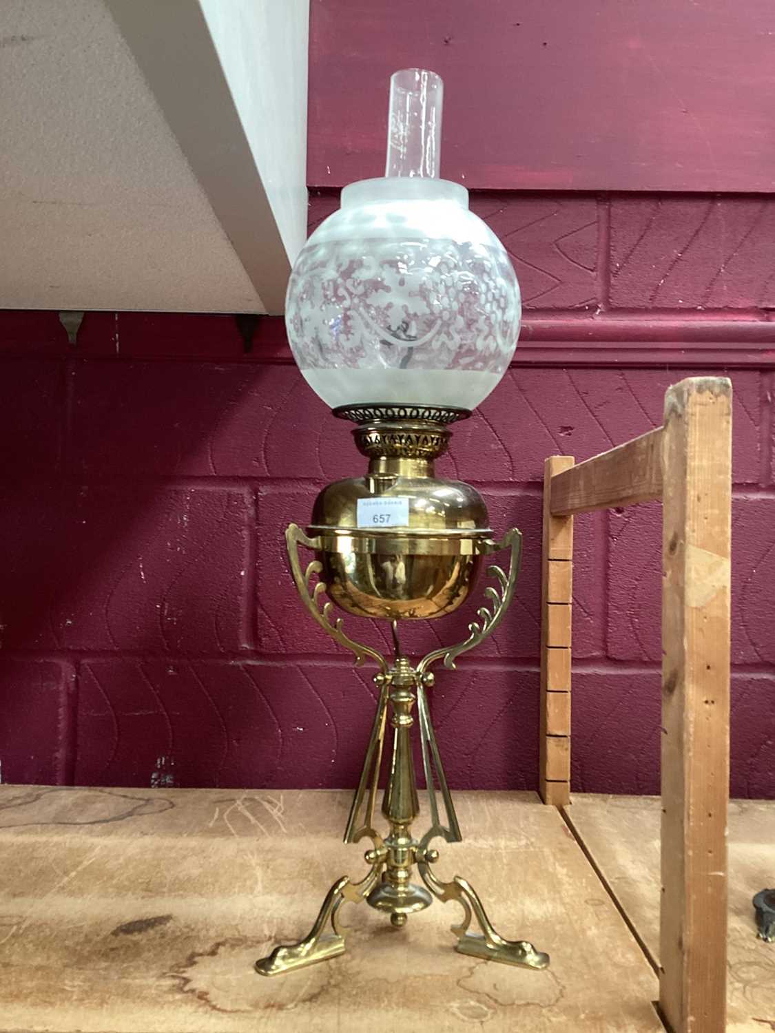 Victorian brass Arts and Crafts oil lamp with etched glass shade