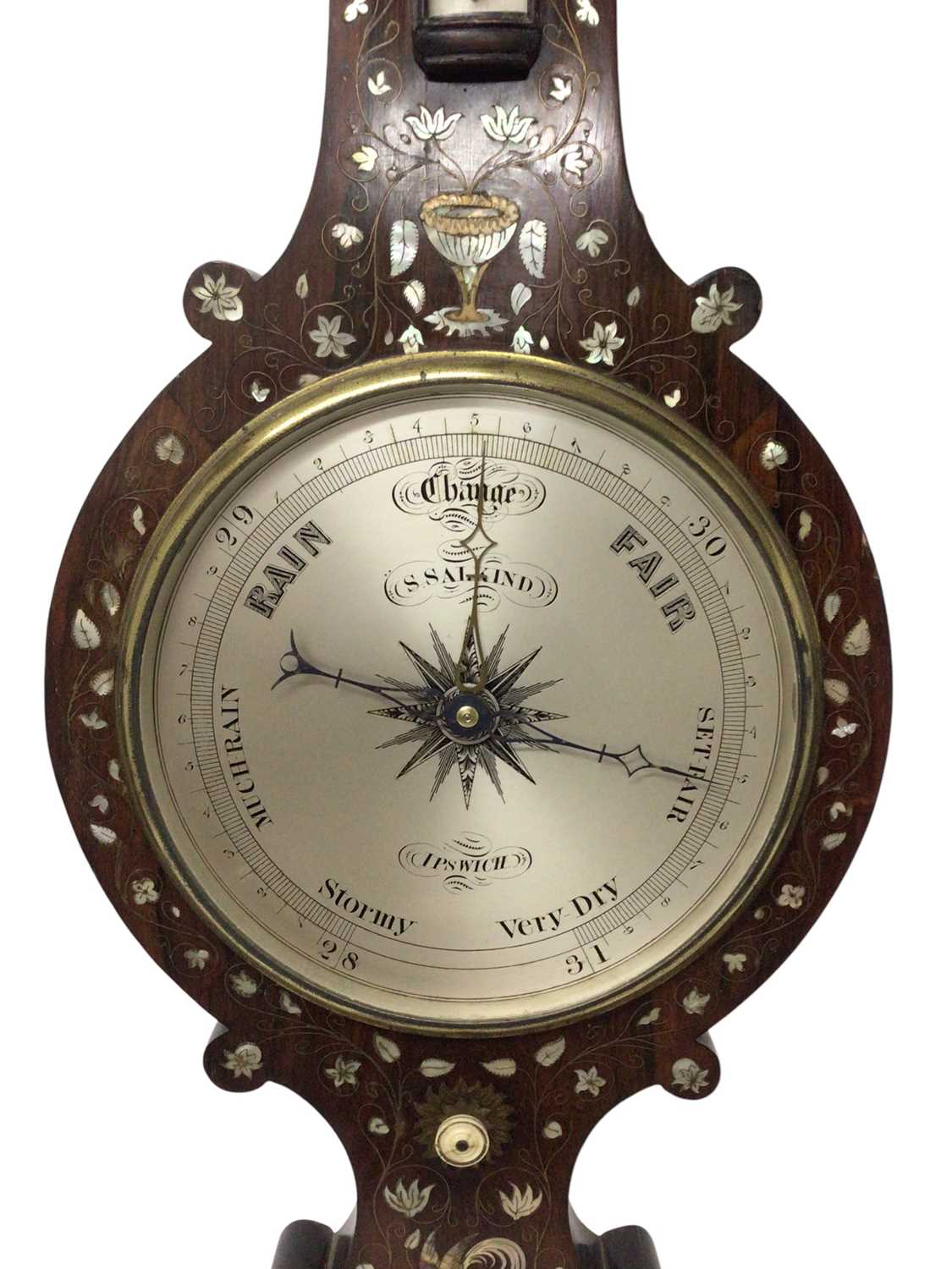 Early Victorian rosewood and mother of pearl inlaid barometer, signed S. Salkind, Ipswich - Image 2 of 7