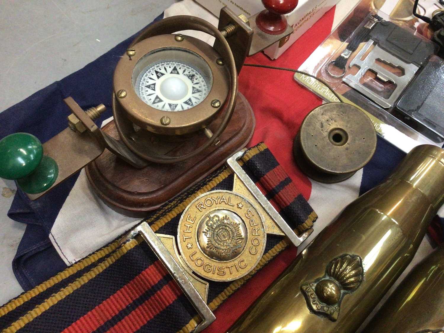 Pair of brass shell cases, The Royal Logistic Corps belt, gun magazine, two Union Jack flags and a s - Image 3 of 4