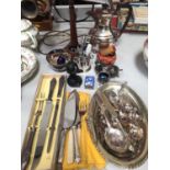 Silver plated coffee pot, table lamp, flatware including two silver salt spoons and sundries