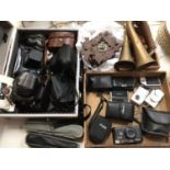 Selection of vintage cameras, digital cameras, accessories, a German cuckoo clock and two brass horn