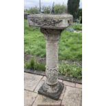 Brass sundial on a concrete pedestal base with weathered finish, 80cm high.