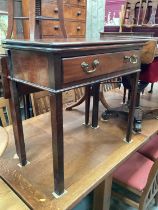 19th century mahogany tea table with foldover top, drawer below on chamfered legs, 76cm wide, 38cm d