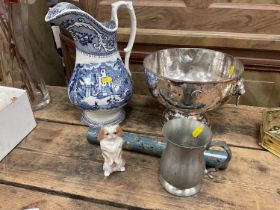 Antique silver plated hammered punch bowl, blue and white jug, Royal Copenhagen dog, etc