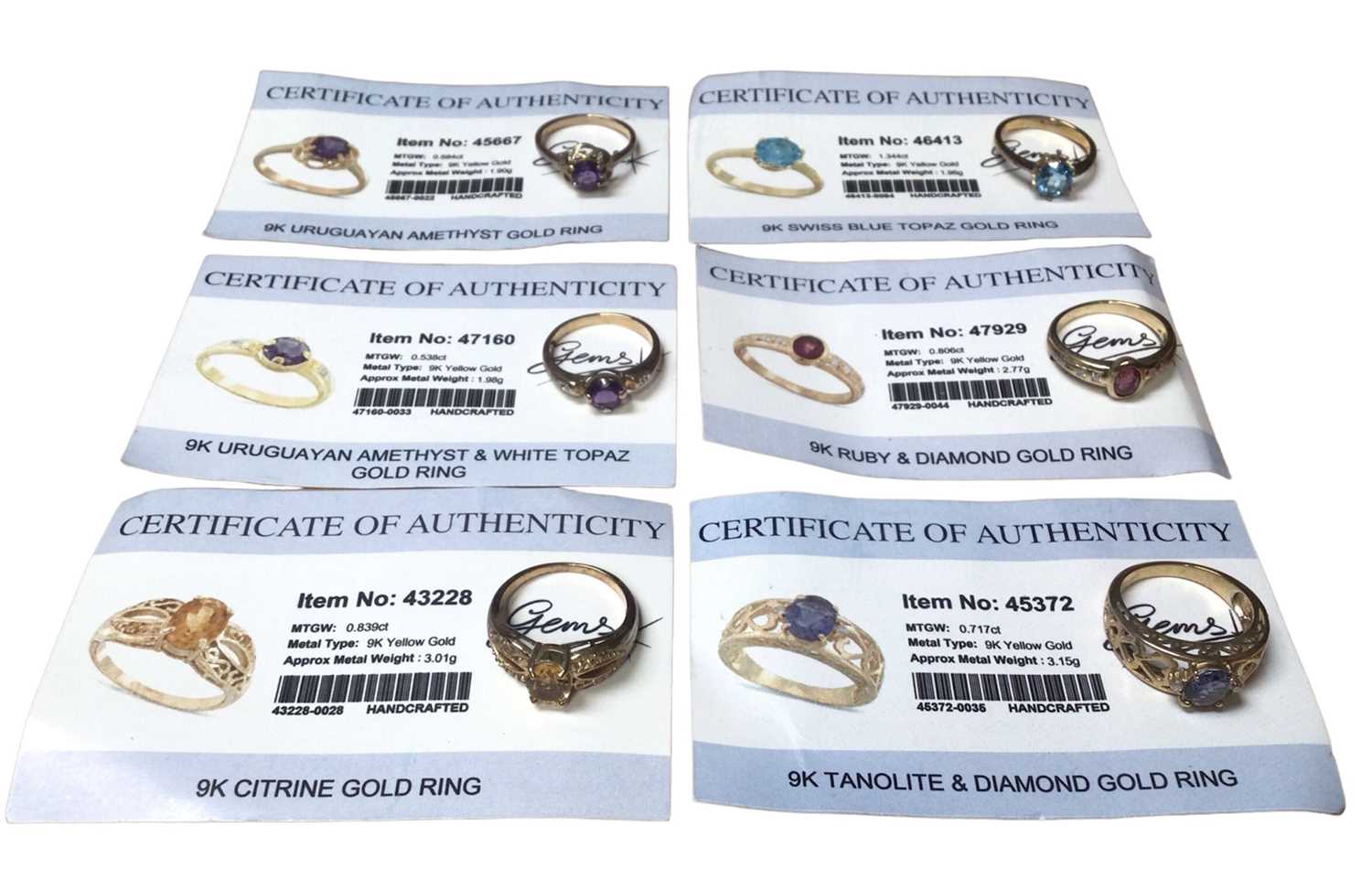 Six 9ct gold multi gem set dress rings with Gems TV certificates