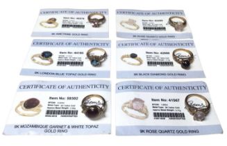Six 9ct gold single stone gem set dress rings with Gems TV certificates