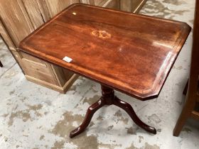 Antique mahogany tilt top wine table with inlaid decoration on turned column and three splayed legs