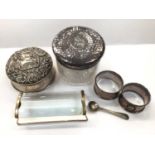 Silver jewellery box, silver topped glass powder pot, one silver napkin ring, another plated, a plat