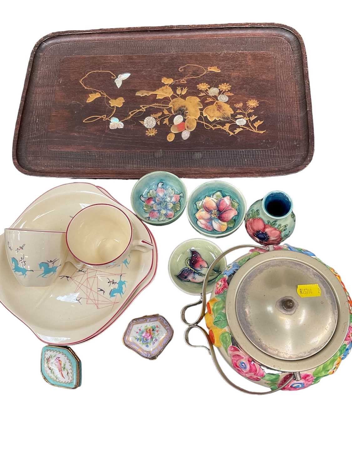 Japanese shibyama tray, together with four small Moorcroft pieces, Limoges boxes, Beswick tea wares