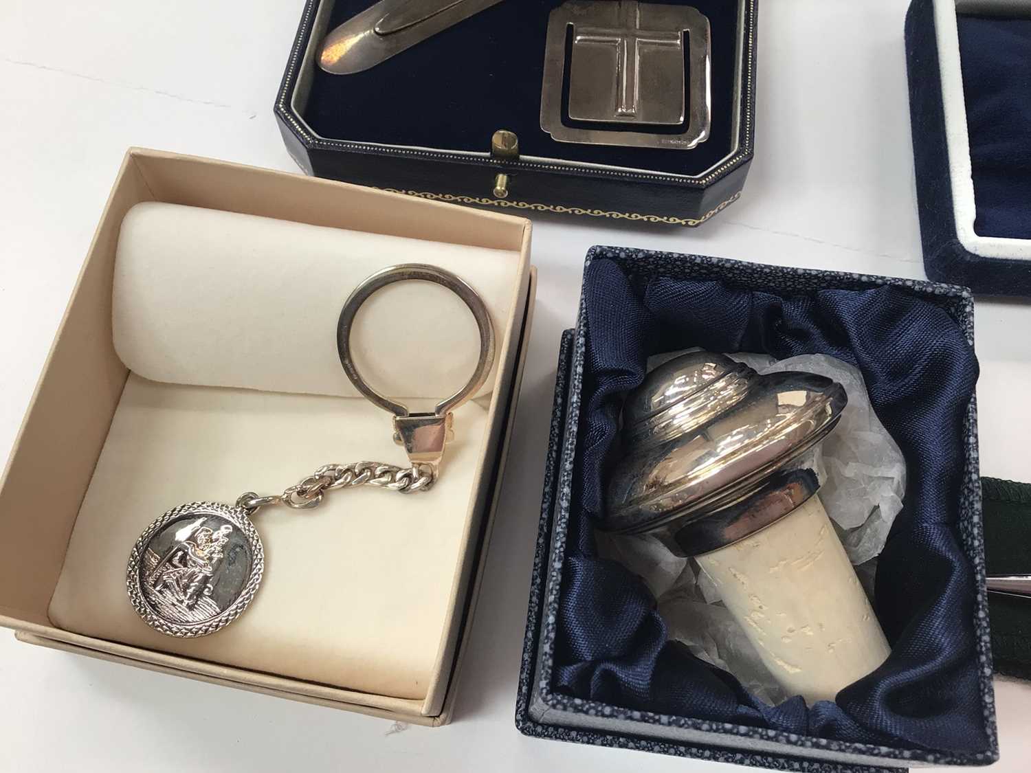 Group of silver to include two napkin rings, two bookmarks, bottle stopper, St. Christopher key ring - Image 4 of 6