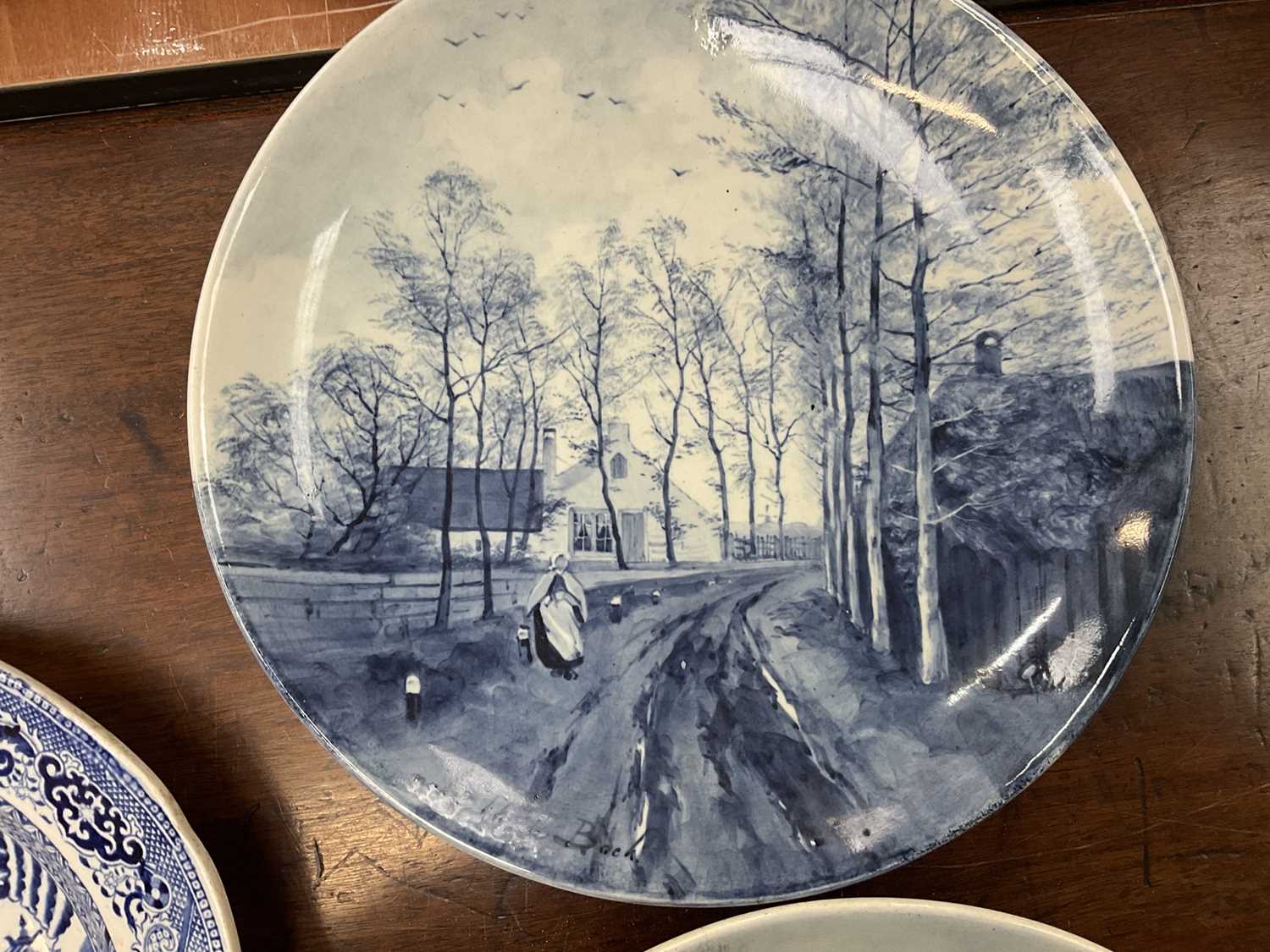 Four 19th century blue and white transfer printed plates 'Dr Syntax' and two Delft plates - Image 12 of 13