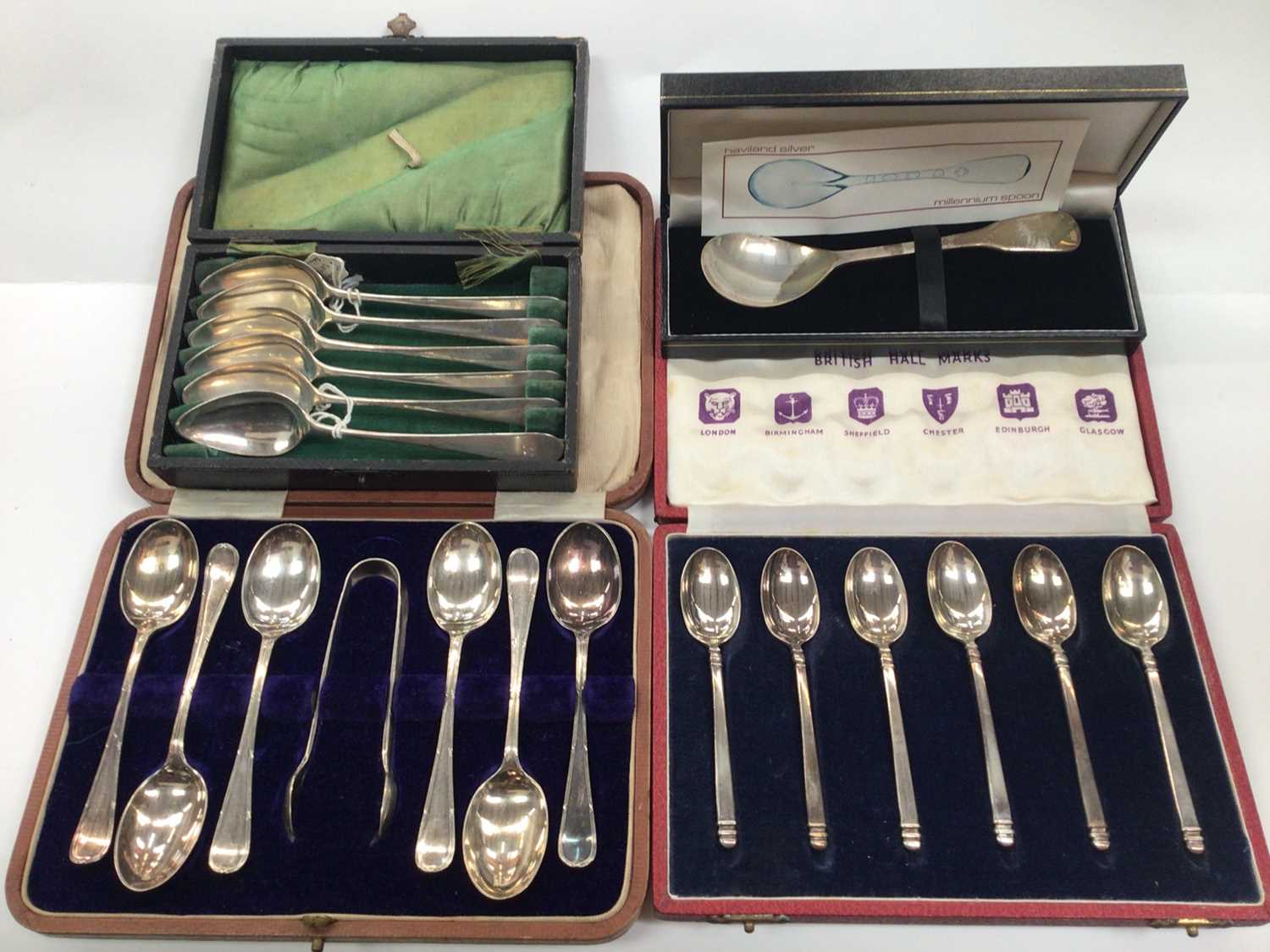 Set of six George III silver teaspoons, two other cased sets of six silver teaspoons and a silver mi