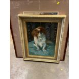 Framed oil painting of a King Charles Spaniel, together with a watercolour of Wivenhoe and another w