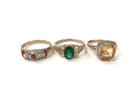 Three 9ct gold gem set dress rings