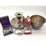 Edwardian silver bowl, silver plated chamber stick, silver rings, other jewellery and a wristwatch