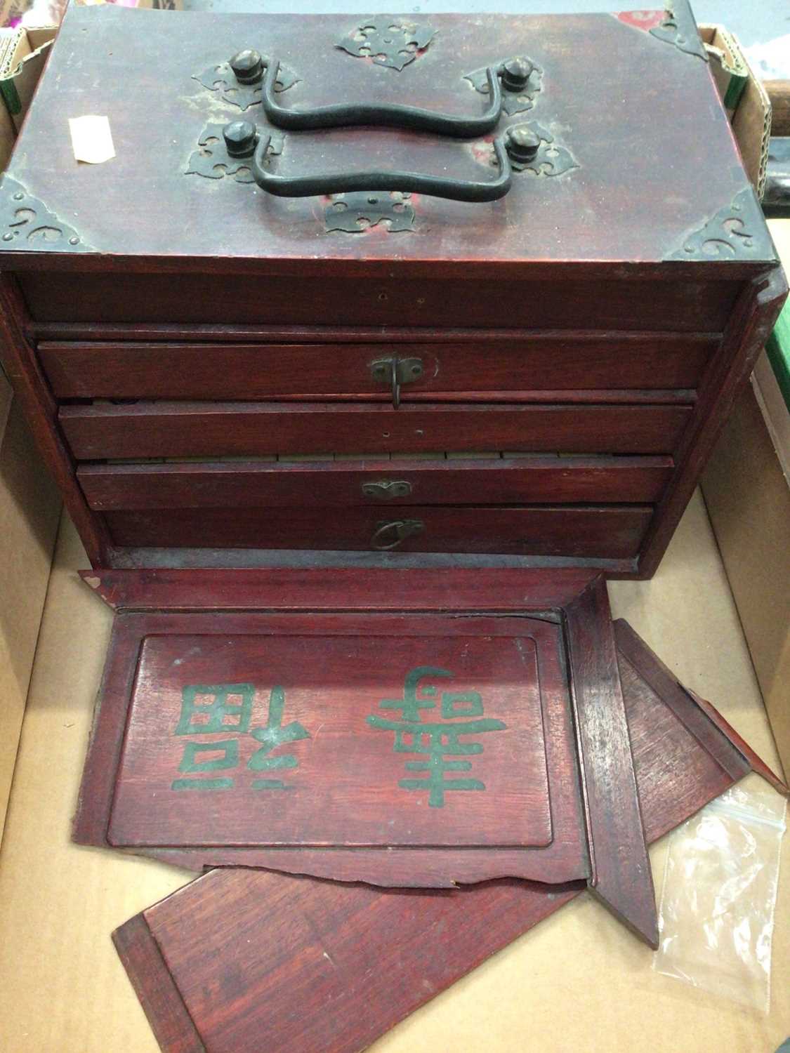 Mahjong set (incomplete) in damaged wooden box, together with Art Nouveau copper vessel, pipe in cas - Image 8 of 9